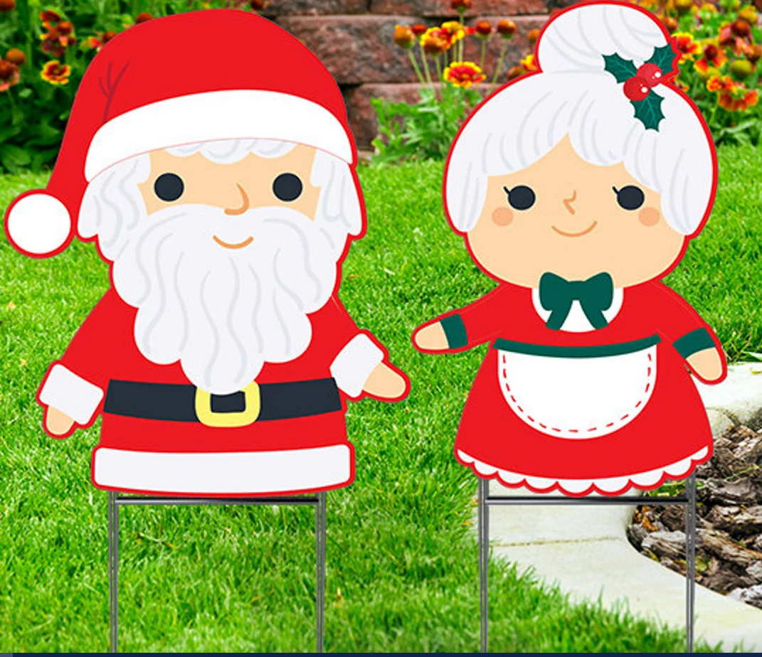 Mr & Mrs Santa Claus Christmas Cut-out Yard Sign Cutout comes with H-Stake - Christmas Yard Decorations