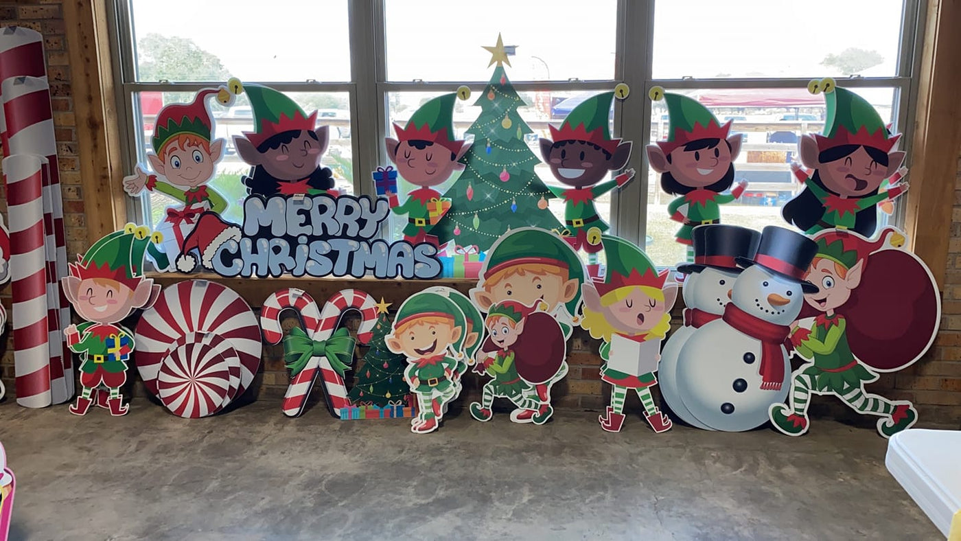 9 Christmas Elves Corrugated Plastic Cutouts: Yard Art Christmas Decoration