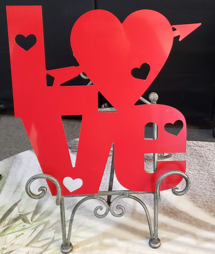 Valentine Sign: Love with Hearts, Red Aluminum