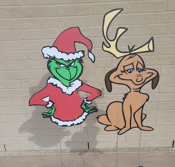 Grinch & Max Yard Sign Cutout comes with H-Stake , printed on coroplast Christmas Yard Decorations, Grinchmas, Dog, Sold as a set