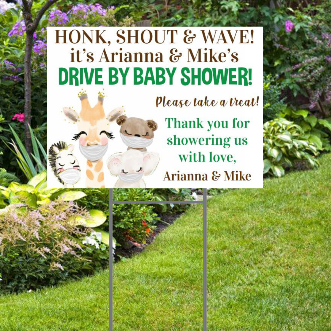 Custom Drive By Baby Shower Yard Sign: Cute Animal Masked Sign. Free Shipping and Stake