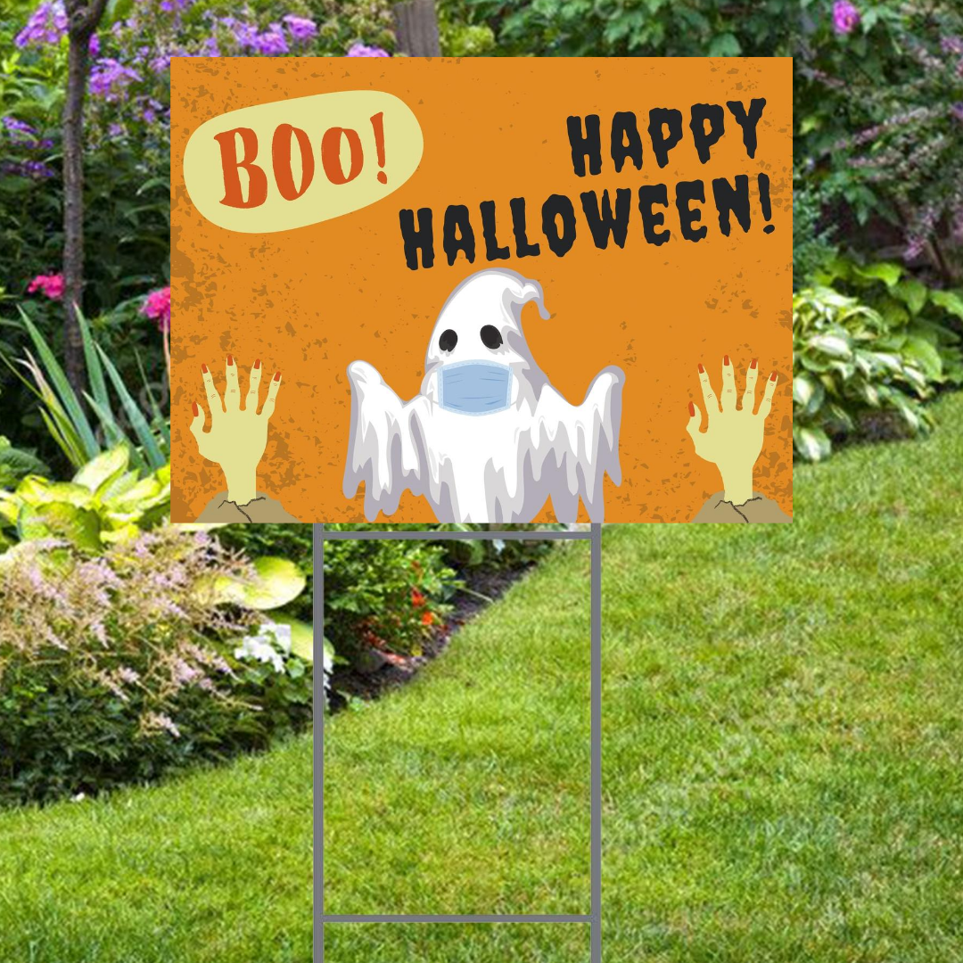 Halloween Yard Sign with Ghost Social Distancing  24"x18". Stake and Shipping Included