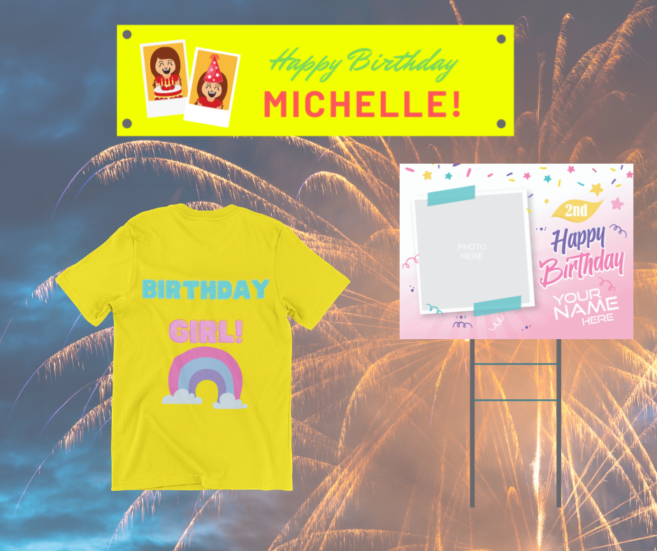 Birthday Party Print Package - . 2 Yard Signs, 3 T-Shirts  and Vinyl Banner
