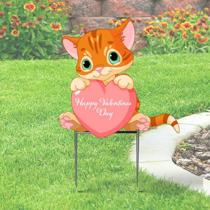 Cute Valentine Sign with Kitten Holding a Heart