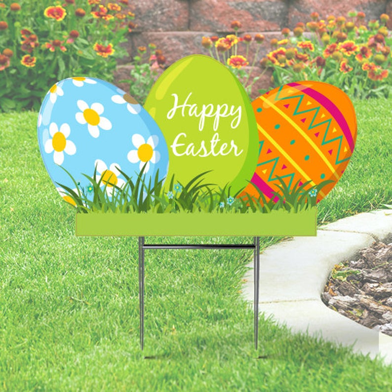 Happy Easter Yard Sign - 3 Easter Eggs Yard Sign Cutout
