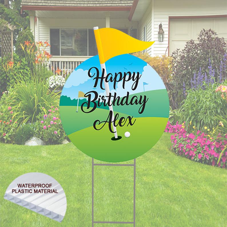 Happy Birthday Yard Sign Round, Golf Theme with Flag