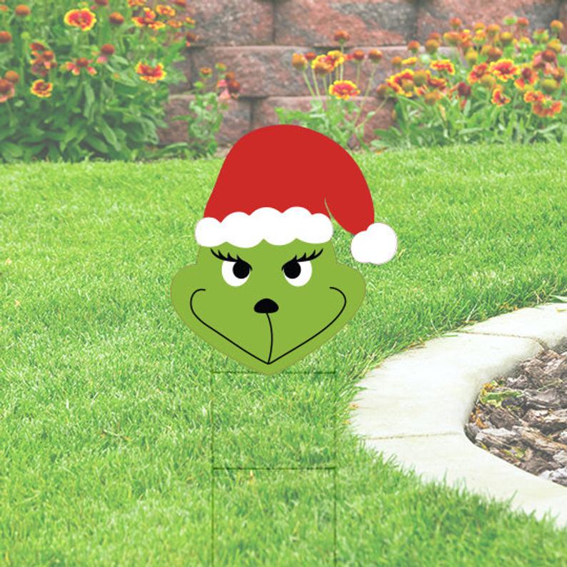 Smiling Grinch Yard Sing with stocking hat. 24x20 Christmas Yard Decoration