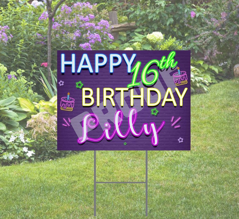 Happy Birthday Neon Theme Yard Sign