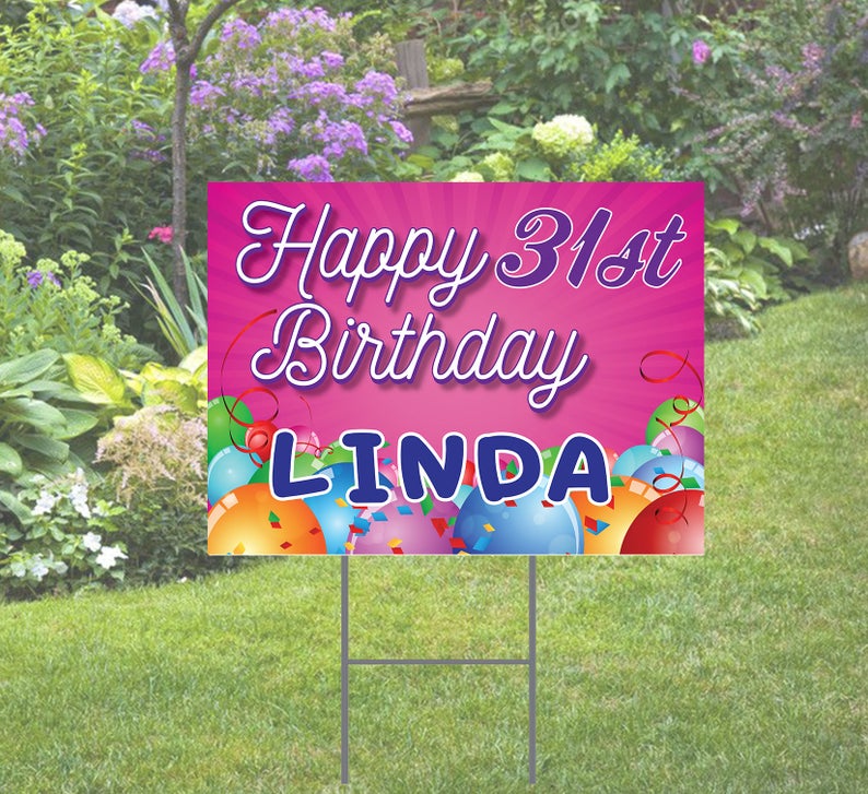 Happy Birthday Day Yard Sign, Pink background with Balloons