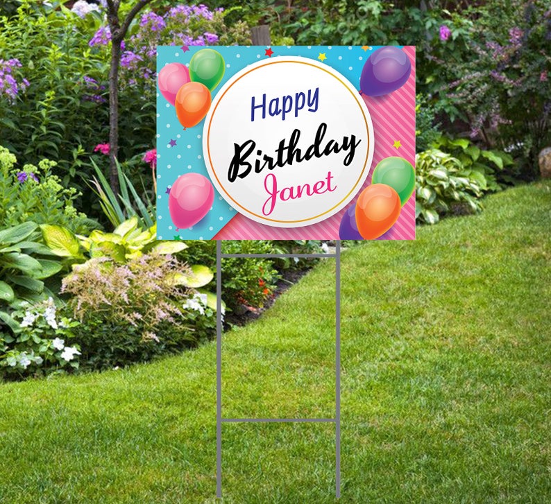 Happy Birthday Yard Sign Pink/Blue with Balloons