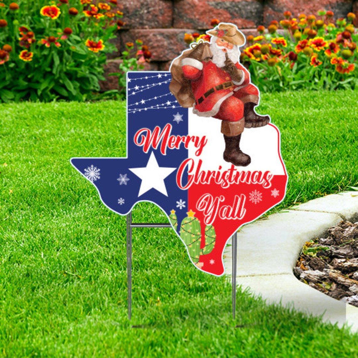 Merry Christmas Y'all Texas Shape Yard Sign Cutout -Christmas Yard Deco