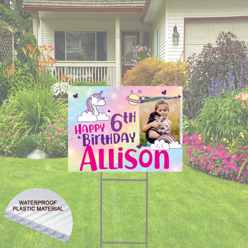 Cute Happy Birthday Yard Sign with Photo and Name -  Unicorn  Theme